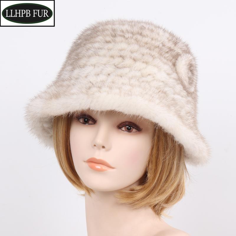 

New Female Knitted Real Hat Women Winter Warm Genuine Beanies Cap Luxury Casual Handmade Natural Hats, Black