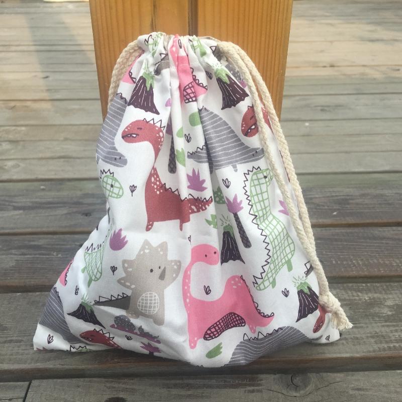 

1pc Cotton Twill Drawstring Pouch Organizer Party Gift Bag Print Dinosaurs Pink YL9415a