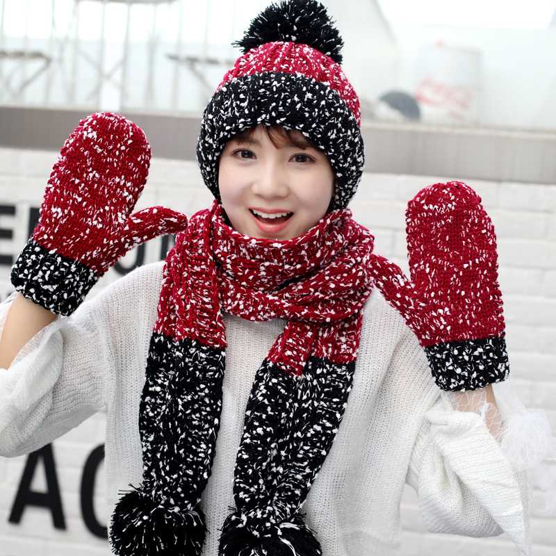 

Winter Wool Knitted Hat Scarf Gloves Set For Women Ski Cap Collar Red Warm Thick Scarf Hat With Fur Pompom, Pink
