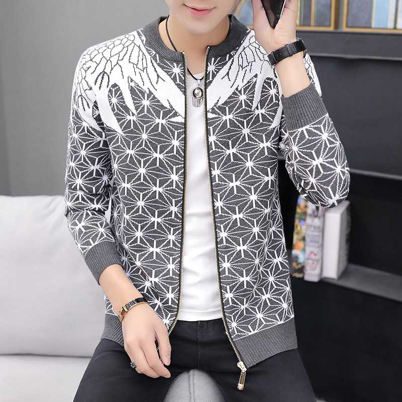 

Winter Polyester Korean Cardigan Men Casual Coat Featured Printing Men's Coat Sweater O-neck Long Sleeve Cardigans Male Clothing, Grey