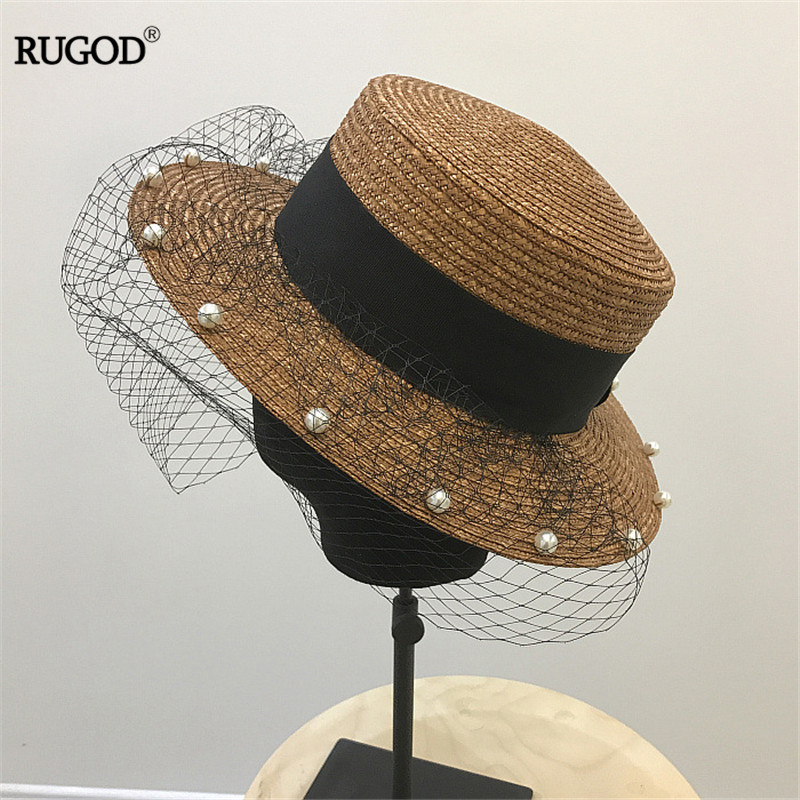 

RUGOD 2020 Fashion Mesh Spliced Beading Straw Hat Women Japanese Style Beach Holiday Sun-resistant Hat Cap Summer, Khaki