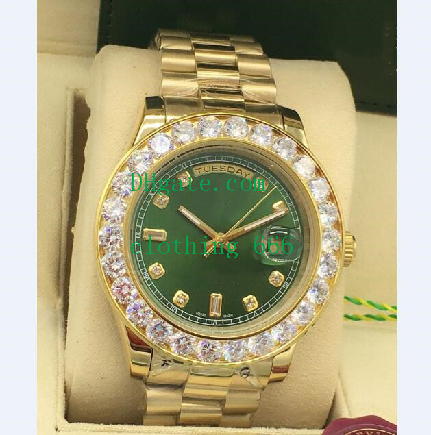 

Luxury Watches Mechanical movement 118348 43mm Automatic Gold Black Dial Green White Bigger Diamond Bezel Fashion Men's Wristwatches
