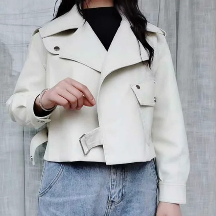 

Women Oversized Coat Faux Leather Jacket Spring Autumn Biker Motorcycle Jacket Fashion Long-Sleeved Lapel Short Streetwear E001, Beige