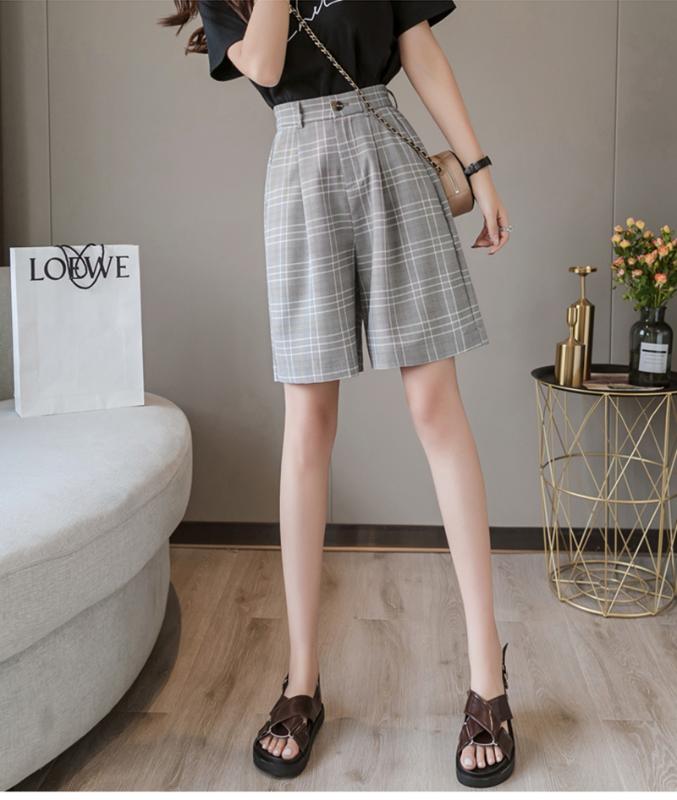 

Sashes Booty Shorts High Waist Summer 2020 Vintage Plaid Wide Leg Suits Short Women Elegant All Match Straight Belt Shorts Girl, Only the pants