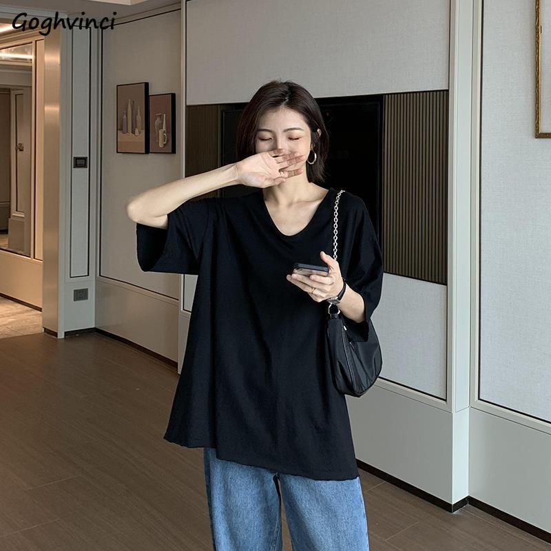

Short Sleeve T-shirts Women Solid V-neck Oversize Streetwear Korean Ulzzang Plus Size 3XL Comfort Stylish Chic Leisure Daily New, Black