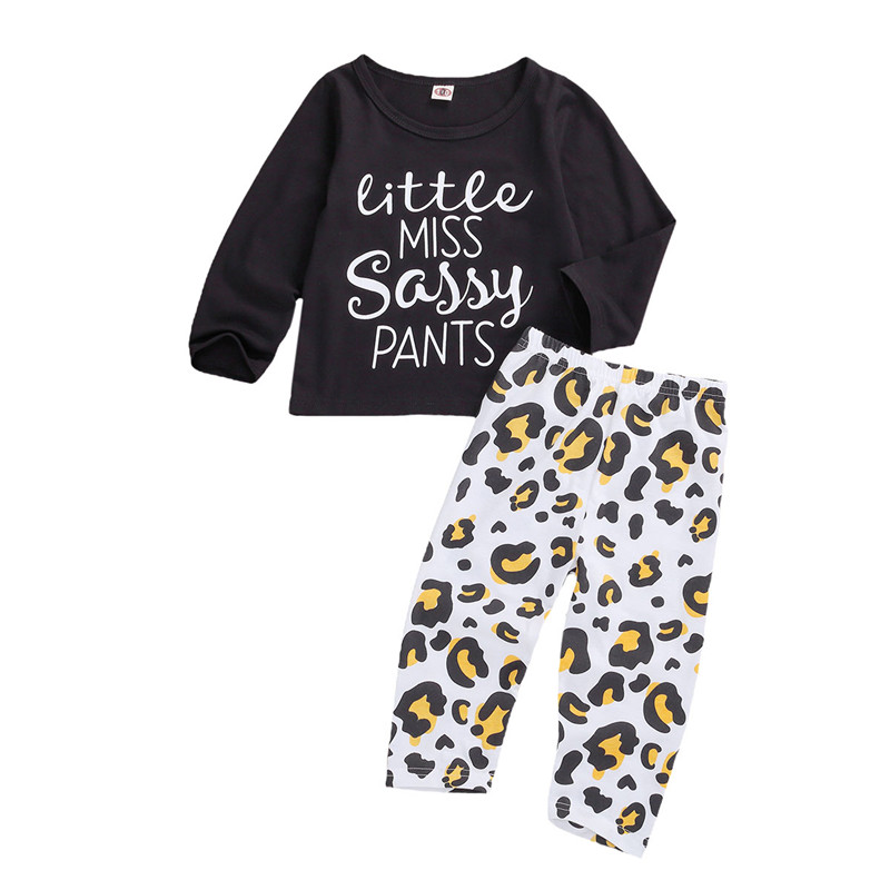 

Baby kids Long Sleeves Letter print Tee Tops Leopard Trousers Little Miss Sassy Pants Print Spring clother sets for baby girls, Black