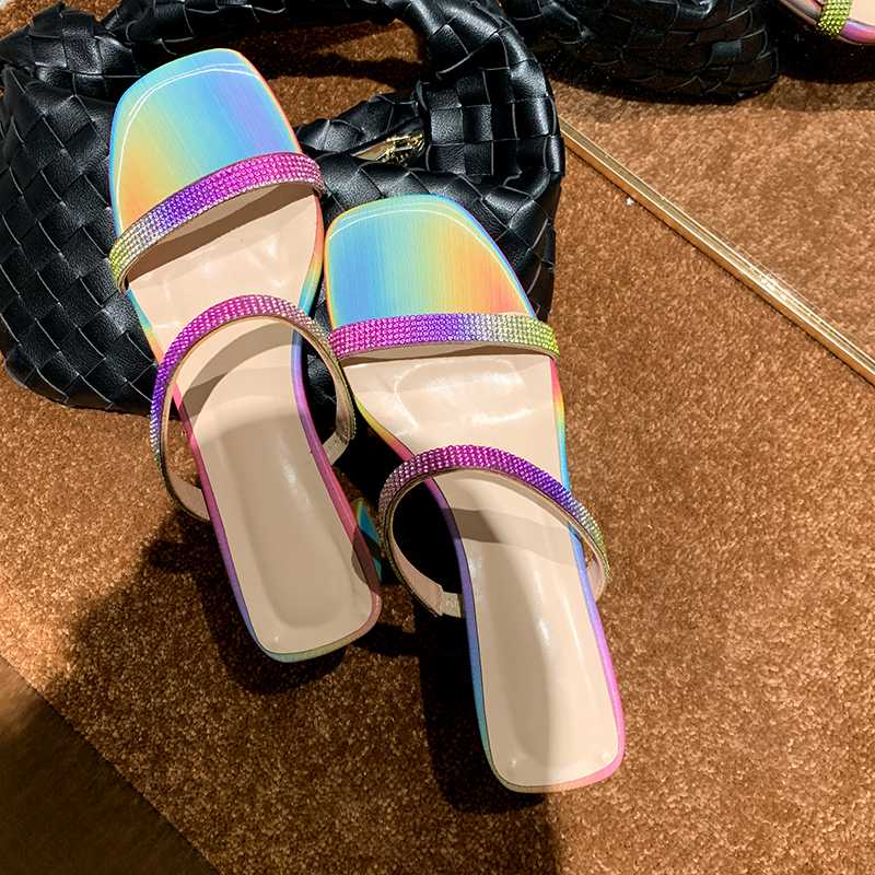 

Fericzot 2020 Fashion Sexy Women slippers Bling Rainbow diamonds shoes women slip on square heel sandals party wedding, Purple