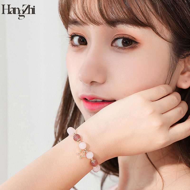 

HangZhi 2020 New Japan Romantic Pink Crystal Beaded Star Moon Pendant Gold Metal Chain Statement Bracelets for Women Jewelry