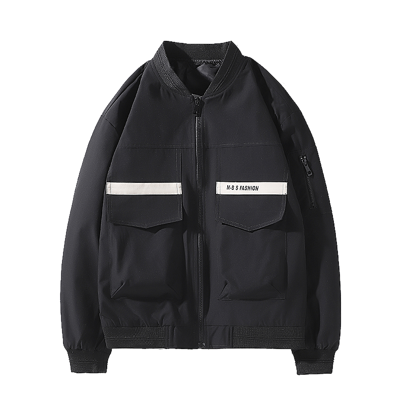 

Cargo Bomber Jacket Autumn Street Windbreaker Slim Fit Pilot Jacket Fashion Outerwear Multi-pocket Baseball Stand-up collar Coat, Black