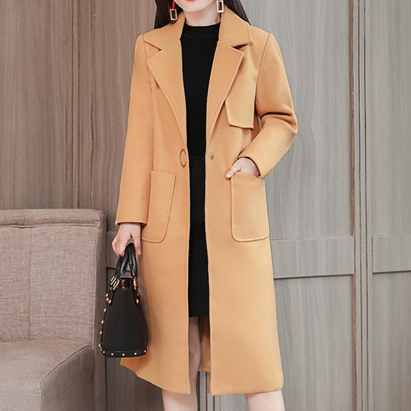 

Womens Winter Lapel Button Long Trench Coat Jacket Overcoat Outwear Woolen Simple Coat Elegant Lady Long Blend Coats Y10.29, Bw