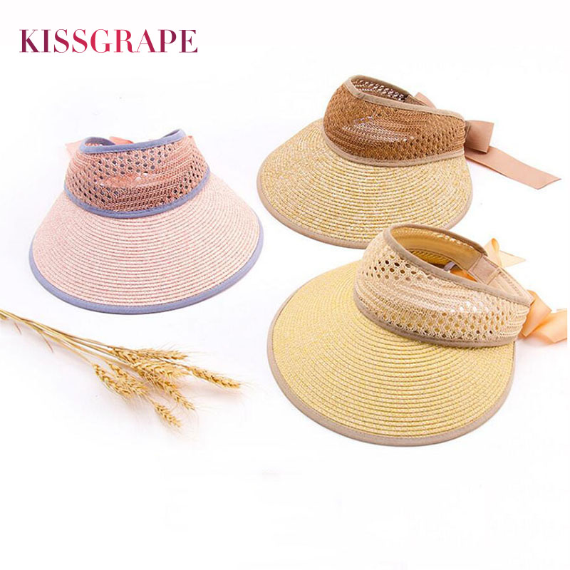 

SPF50+ New Summer Women's Straw Sun Hats with Bowtie Female Holiday Beach Hat for Girls Empty Top Caps Super Large Brim Visor, Grey