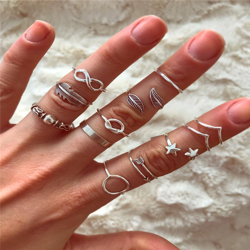 

12Pcs/Set Korean New Fashion Ring Set for Woman Ancient Leaf Feather Star Personality Knuckle Ring Bohemian Jewelry Gift