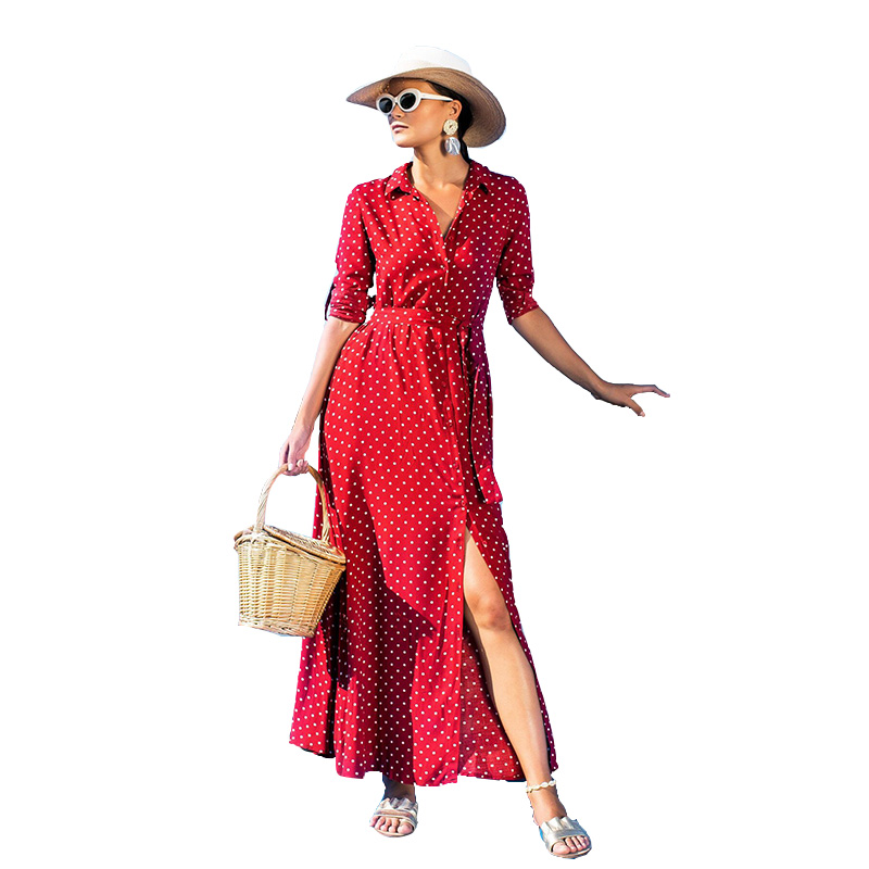 

Women Fashion Lapel Long Sleeve Polka Dot Slit Pockets Maxi Long Dress Ladies Casual Print Holiday Party Shirt Dress With Belt R, Red