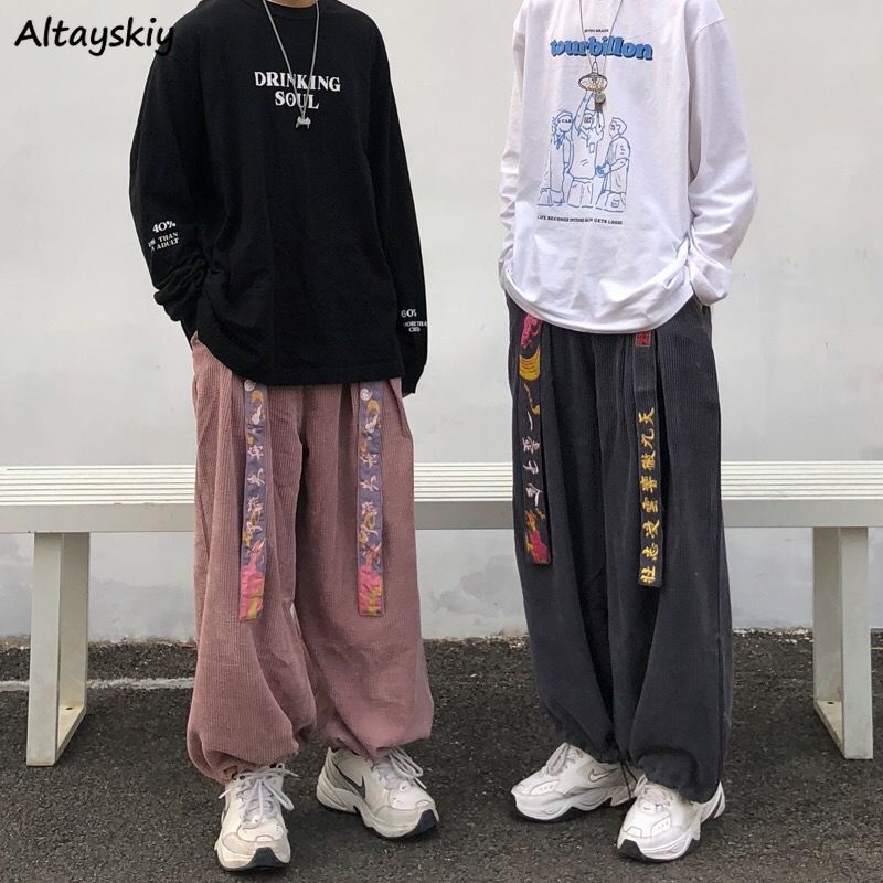 

Casual Pants Women Corduroy Wide Leg Bf Couple Oversize Loose Harajuku Sashes Streetwear Retro Womens Korean Style Trousers Chic, Gray
