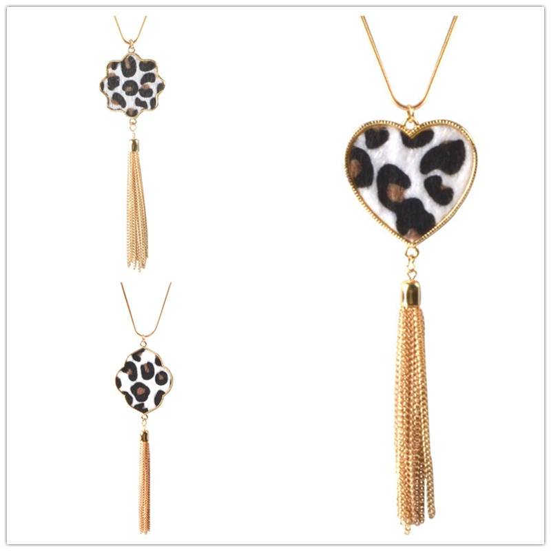 

Long necklace for women leopard print four-leaf pendant necklace Bohemian fringe Y chain fashion accessories