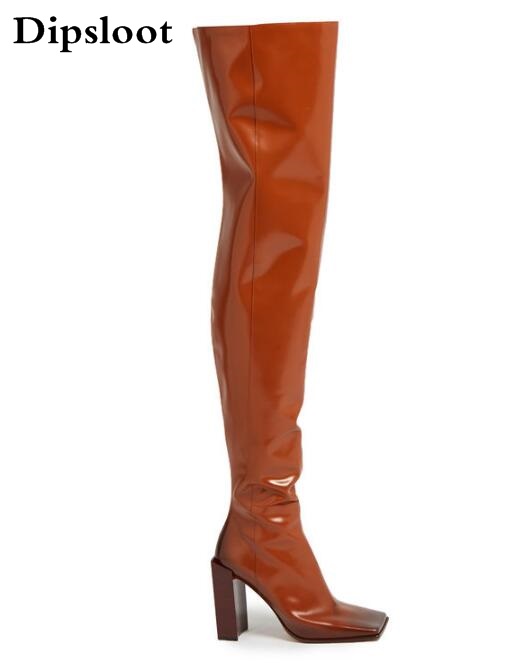 

2020 Winter New Fashion Women Brown or White Color Square Toe Heels Over The Knee High Thigh Boots Long Boots Big Size 42, As picture