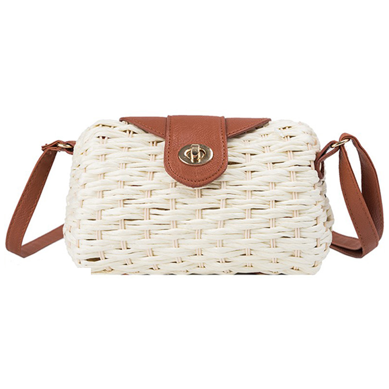 

Fashion Trend Lock Woven Bag Bucket Type Straw Handbags Shoulder Diagonal Package, Khaki