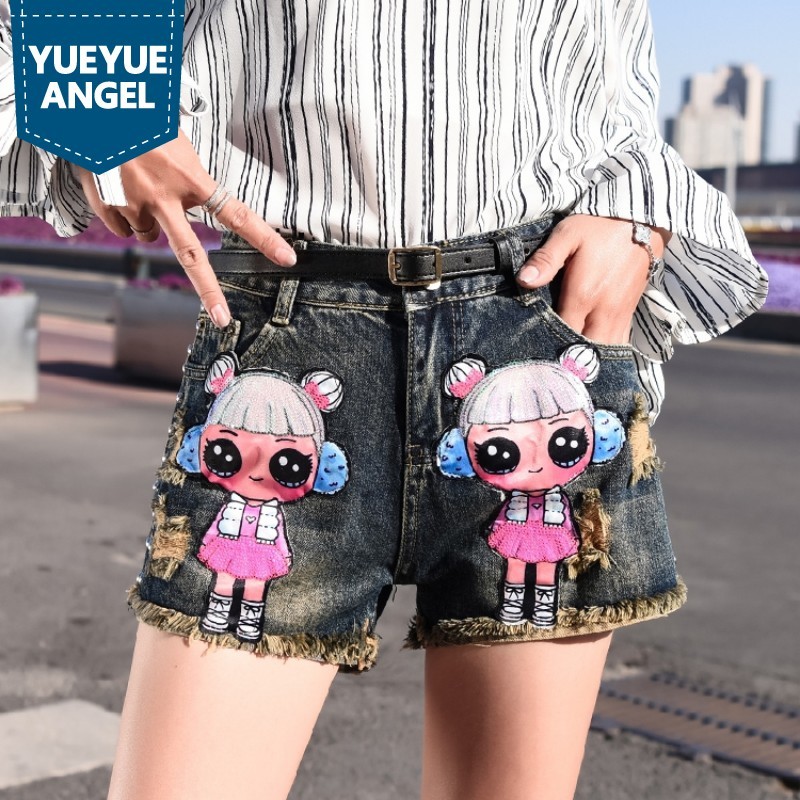 

Fashion Harajuka Cartoo Embroidery Rivet Hole Ripped Womens Denim Shorts Preppy Style Female Straight Shorts Casual Streetwear, As picture