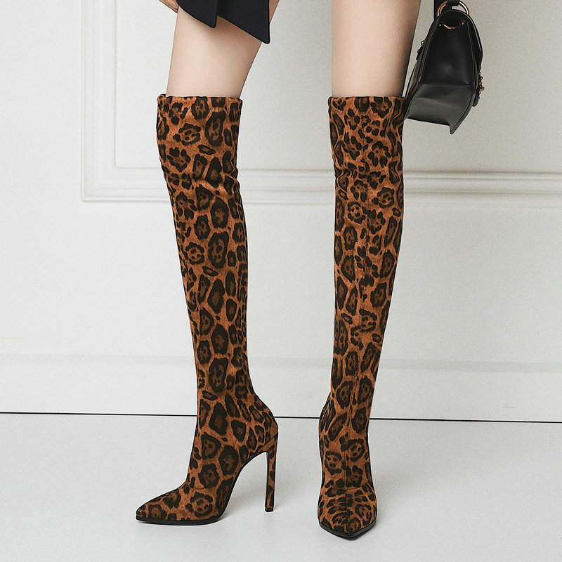 

Sexy Leopard Stretch Thigh High Boots Women 2020 Winter Stiletto Heel Over the Knee Boots Beige Yellow Pointed Toe Long, Brown