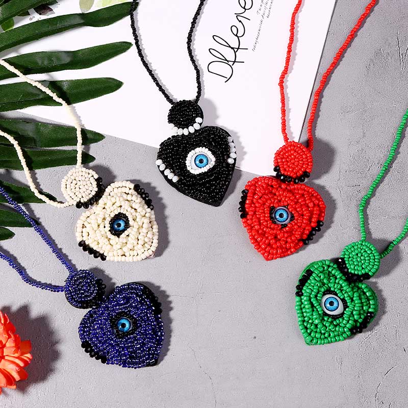 

Fashion Bohemian Handmade Beaded Heart Big Pendant Necklaces Women Boho Evil Eye Beads Long Chain Necklace Statement Jewelry