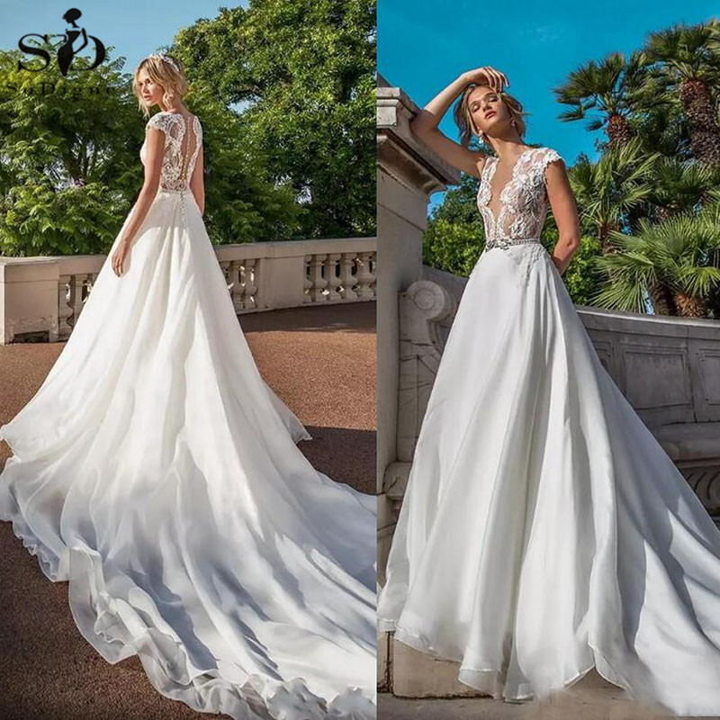 

Lace Wedding Dresses Sexy V Neck Cap Sleeves Chiffon Illusion Back Bridal Gowns Custom Made Long Tail, White