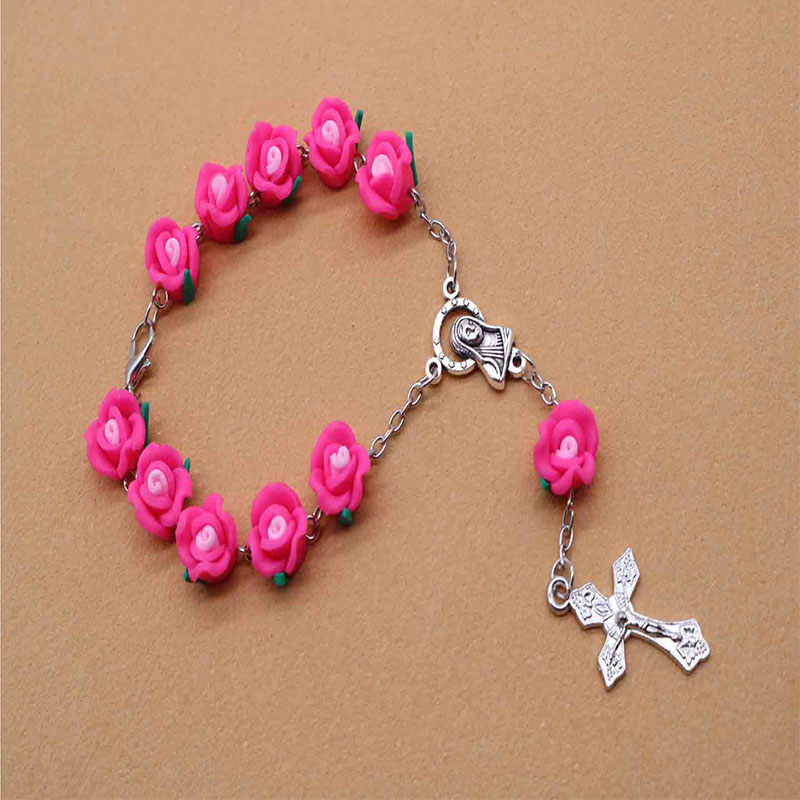 

Fashion Soft Ceramic Beads Handmade Beaded Cross Bracelet Rosary, Virgin Mary Center Christ Jesus Cross Pendant