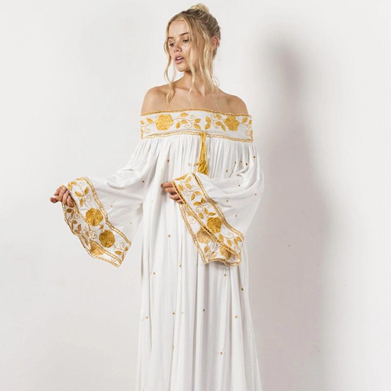 

Gold Floral Embroidery Midi Dress Women Summer Autumn Fall Flare Long Sleeve Vintage Loose Dress Boho Hippie Beach Vestidos 2020, White