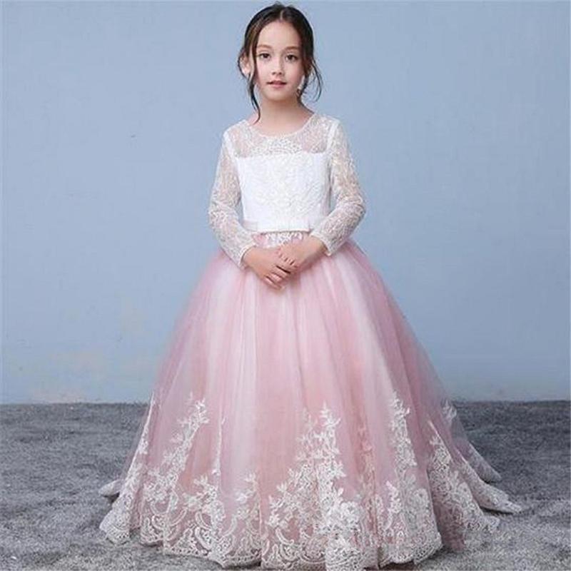 

Princess Lace Applique Flower Girl Dresses Long sleeve First Communion Gowns Wedding Party Dresses Formal with Pageant Gown, White