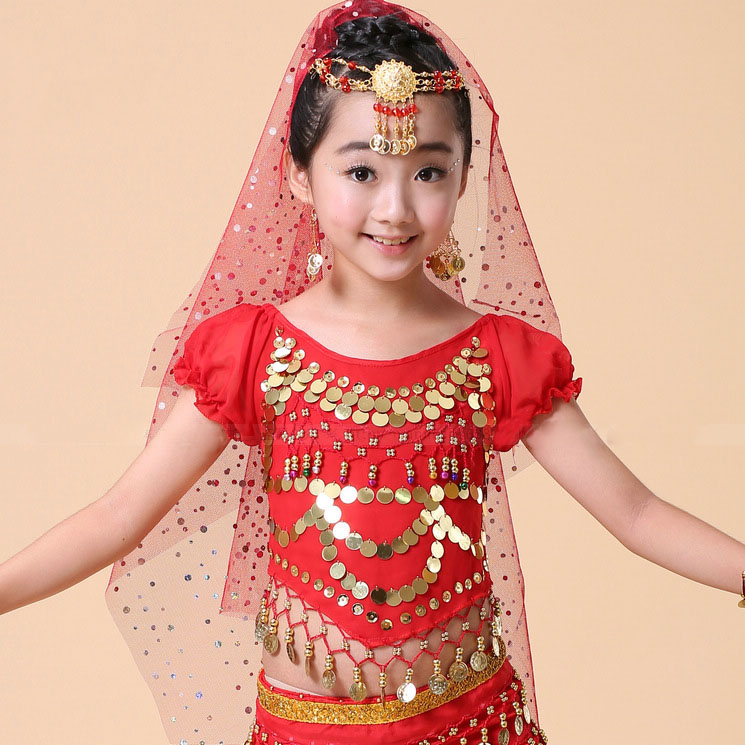 

Children's Belly Dance Clothing Dancing Performance Short Sleeve Coin Baby Girl Bellydance Tops For Age 5-14, Red tops