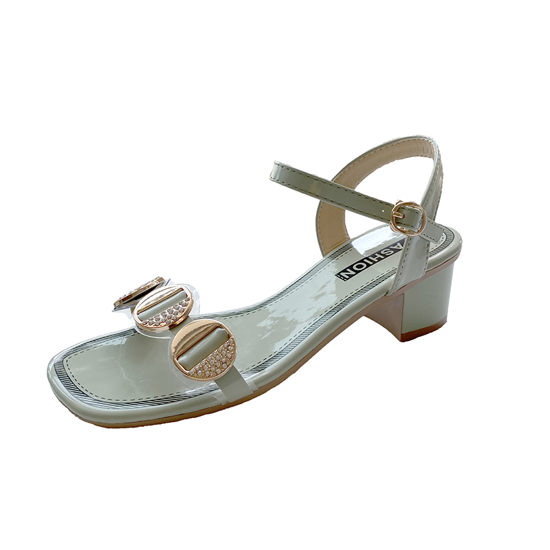 

Women Sandals Metal button Thin Heels One-words Button Fashion Chain High Heels Sandals WomenShoes Ankle Strap Rhinestone, Light green