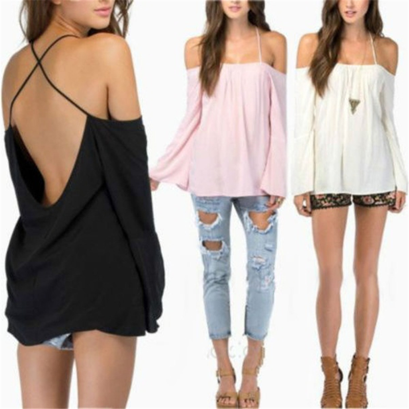 

Summer Casual Loose Chiffon Blouse Lady Sexy Backless Strapless Thin Strap Cross Blouse Sexy Slash Neck Long Sleeve Shirts, Pink
