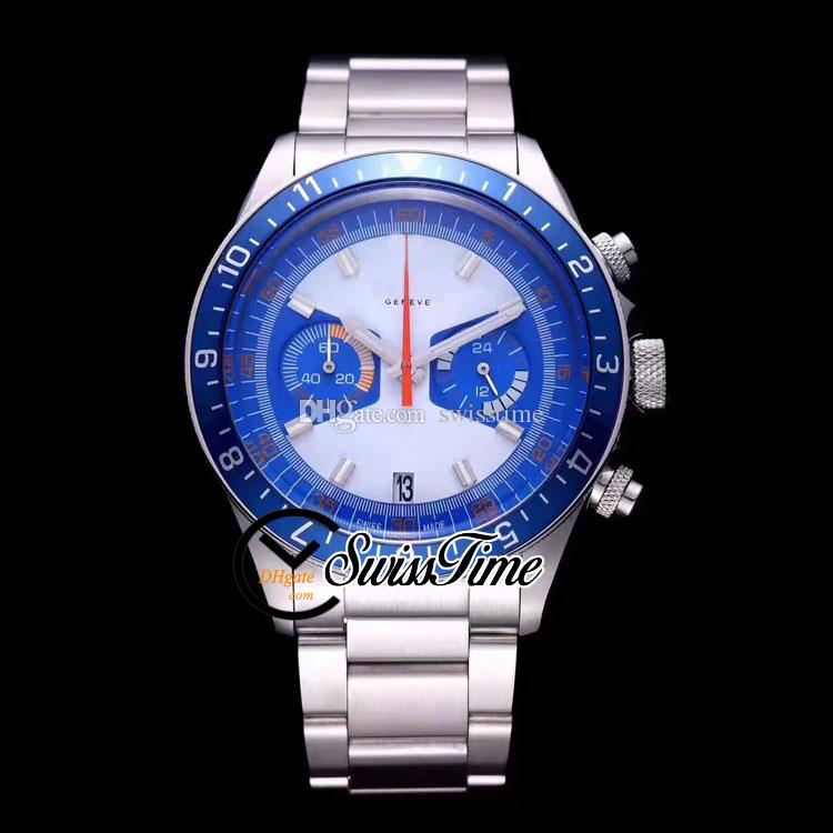 

New M70330 Miyota Quartz Chronograph Mens Watch Steel Case Blue Inner White Dial Stainless Steel Bracelet Stopwatch SwissTime B56b2, Customer-defined waterproof service