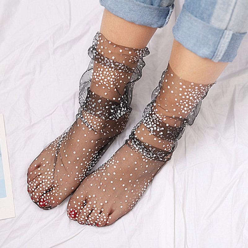 

Fashion Dot Long Socks Women Transparent Thin Tulle Socks Girls Black White Lace Funny Dress Sock Streetwear calcetines, Pink