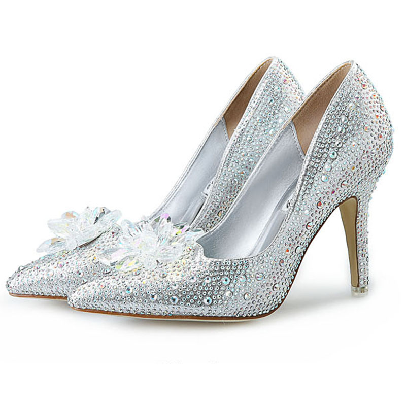 

High Heels Cinderella Wedding Shoes Women Crystal Thin Heeled Pointed Bridal Shoes Large Size Red For party GXF-9766-1, Silver 7cm