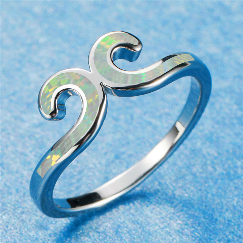

Unique Style Female Blue White Fire Opal Ring Silver Color Finger Ring Promise Love Engagement Rings For Women