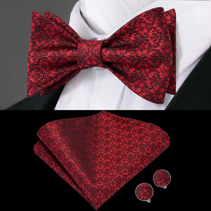 

Hi-Tie Adjustable Butterfly Self Bow Tie for mens 100% Silk Floral Paisley Male Classic Wedding Party Golden Red Bow Tie Set