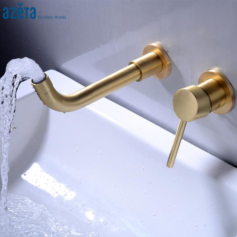

Azeta Brushed Gold Basin Faucet Concealed Wall Mounted Bathroom Washbasin Mixer Brass 360 Degree Rotation Basin Tap 1903B-BG