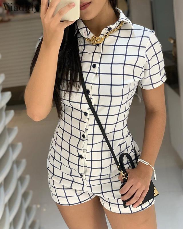 

Stripes Bottoned Short Sleeve Playsuits Summer Women Casual Romper, White