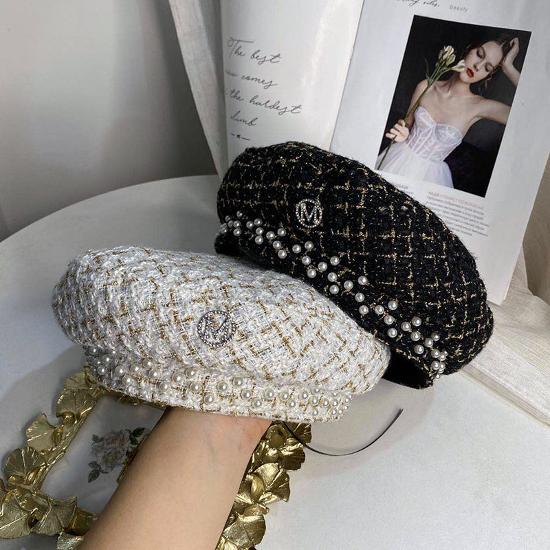

202008-chui gold line plaid M letter pearl lady beret hat women Leisure painter hat, White
