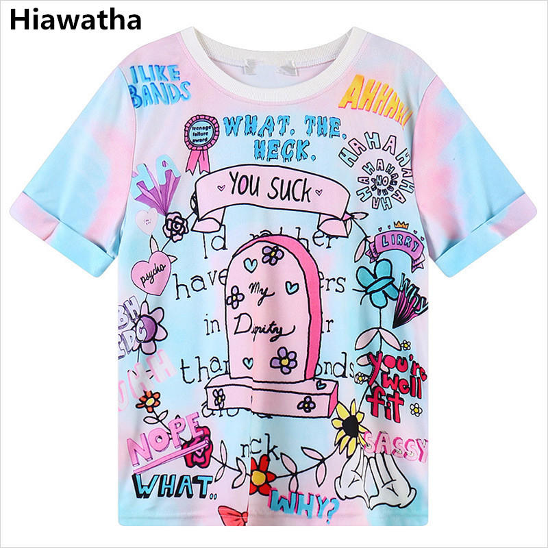 

Hiawatha Harajuku Style T Shirt Women Cartoon Letters Printed T-Shirts Casual Summer Short Sleeve O-Neck Tops T1344