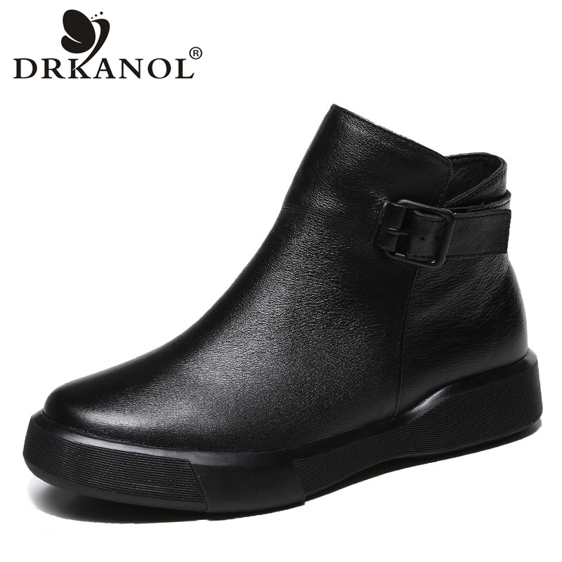 

DRKANOL Classic Black Women Boots 100% Genuine Leather Side Zipper Flat Ankle Boots For Women Autumn Winter Warm Casual Shoes, Short plush inside