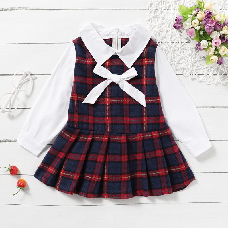 

pretty girls kids baby girls autumn ful sleeve plaid patchwork dresses toddler kids baby girl bow knee-length dress 1-6Y, Red