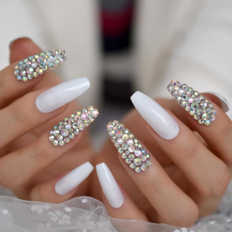 

Long Designed Nails Salon Professional Products 3D Rhinestone Coffin Nail Art Tips Luxury Sparkling Full Nail Set, L5619