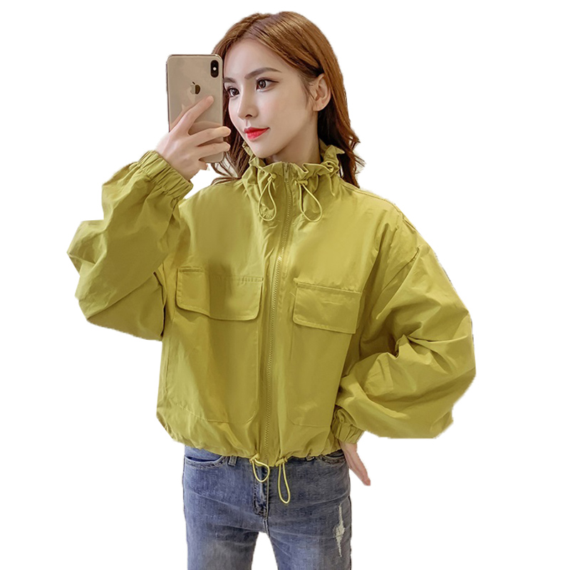 

Thin Tooling Coat Jacket 2020 Spring Autumn Women' Jackets New Long Sleeve Drawstring Zipper Casual Short Outerwear Tops K82, Beige