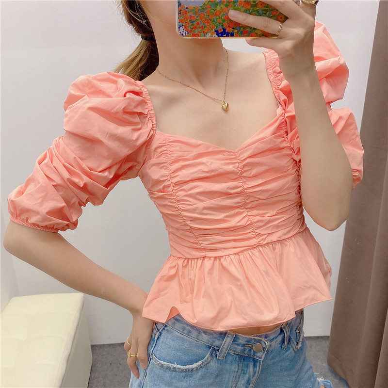 

Women Sweet Pleated Crop Blouses Fashion Puff Sleeves Back Elastic Female Shirts Ladies Solid Chic Tops