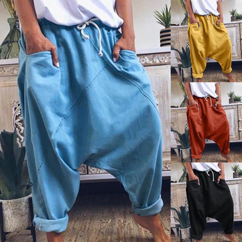 

3XL Women Casual Drawstring Pockets Drop Crotch Baggy Long Trousers Harem Pants, Yellow