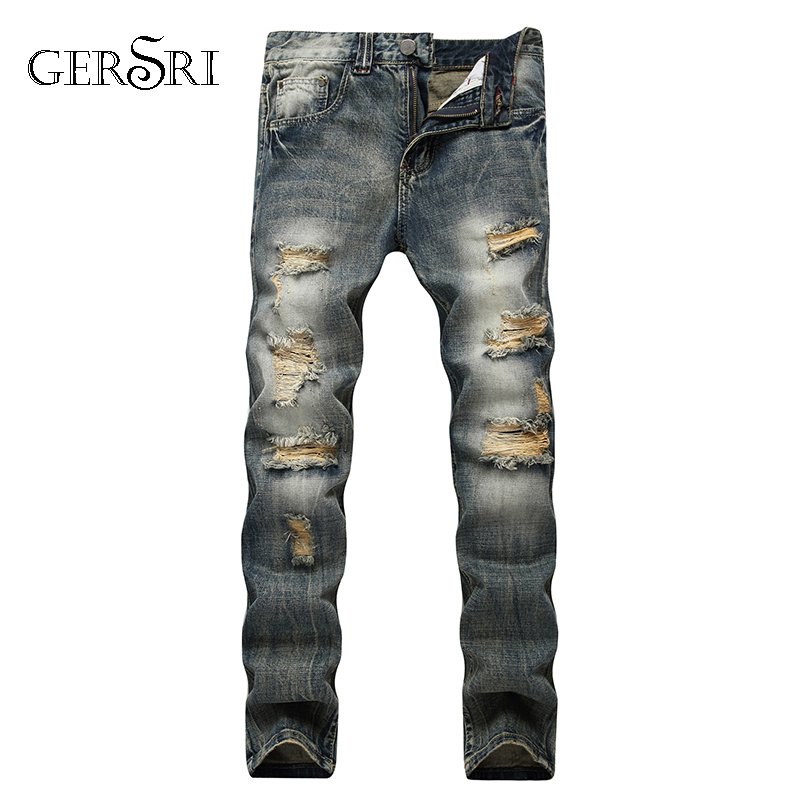 

Gersri Streetwear Mens Jeans Ripped Denim Pants New Biker Jeans Men High Quality Straight Patch Plus Size, Blue