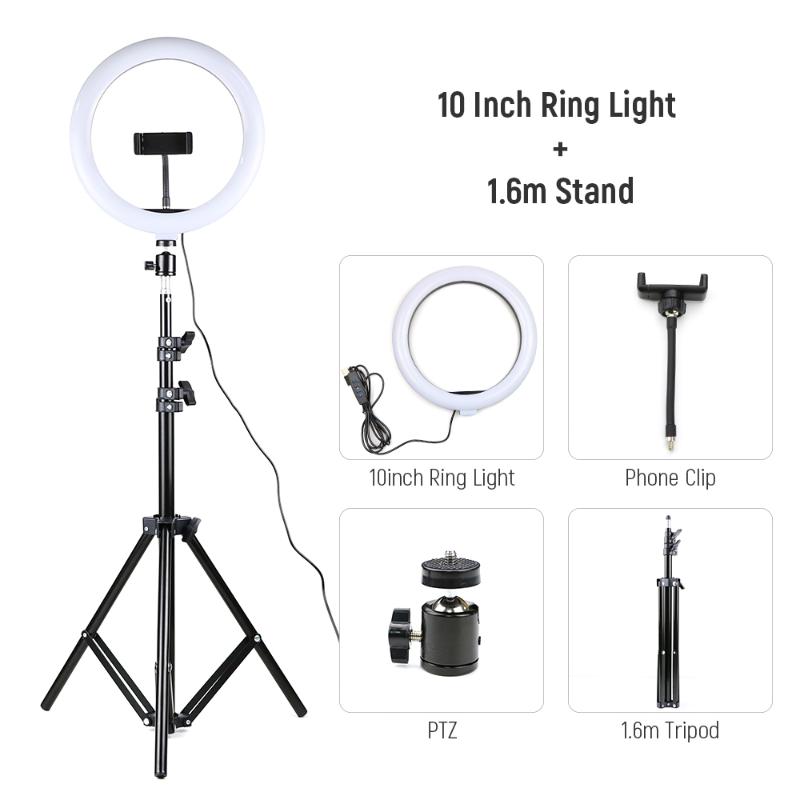 

26cm LED Selfie Ring Light 2m/1.6m/0.5m Tripod Stand Dimmable Photography Lighting Photo Studio Fill Lamp For Smartphone Youtube