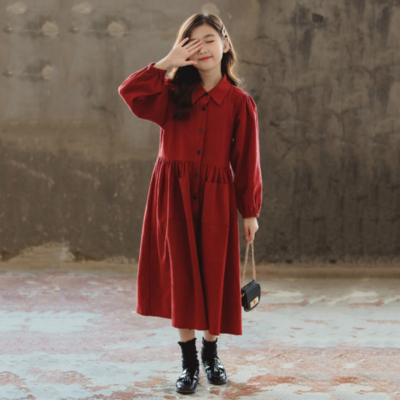 

New 2020 Fall Children Christmas Clothes Kid Cotton Dress Retro Dress Procket Girls Dress Midi Long Mommy and Me Clothes, Red
