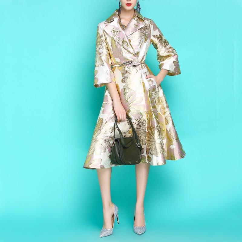 

Vintage Autumn Winter Coat Women Fashion Long Trench Dobby Embroidery Women' Windbreaker Outerwear 1096, Gold